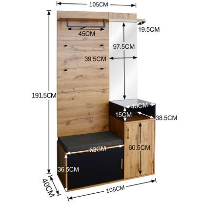 Wandgarderobe – Halmeubel – Schoenenkast – Kapstok – Opbergkast – Zwart MDF Met Houtaccenten – Spiegel – Schoenenbank – Ruimtebesparend Design – 191,5x105x40 cm