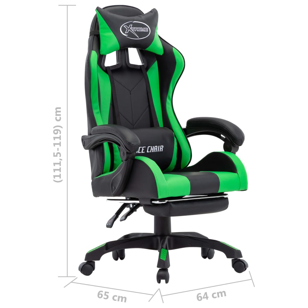 Gamestoel – Gaming Stoel – Game Stoel – Gaming Chair – Verstelbaar – Kunstleer – Inklapbare Voetensteun – Met Hoofd- en Lendensteun – Groen/Zwart