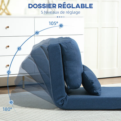 Lazy Chair – Vloerstoel – Relaxstoel – Slaapstoel – Zitbed – Verstelbare Rugleuning – Luxe Kussens – Donkerblauwe Linnenstof