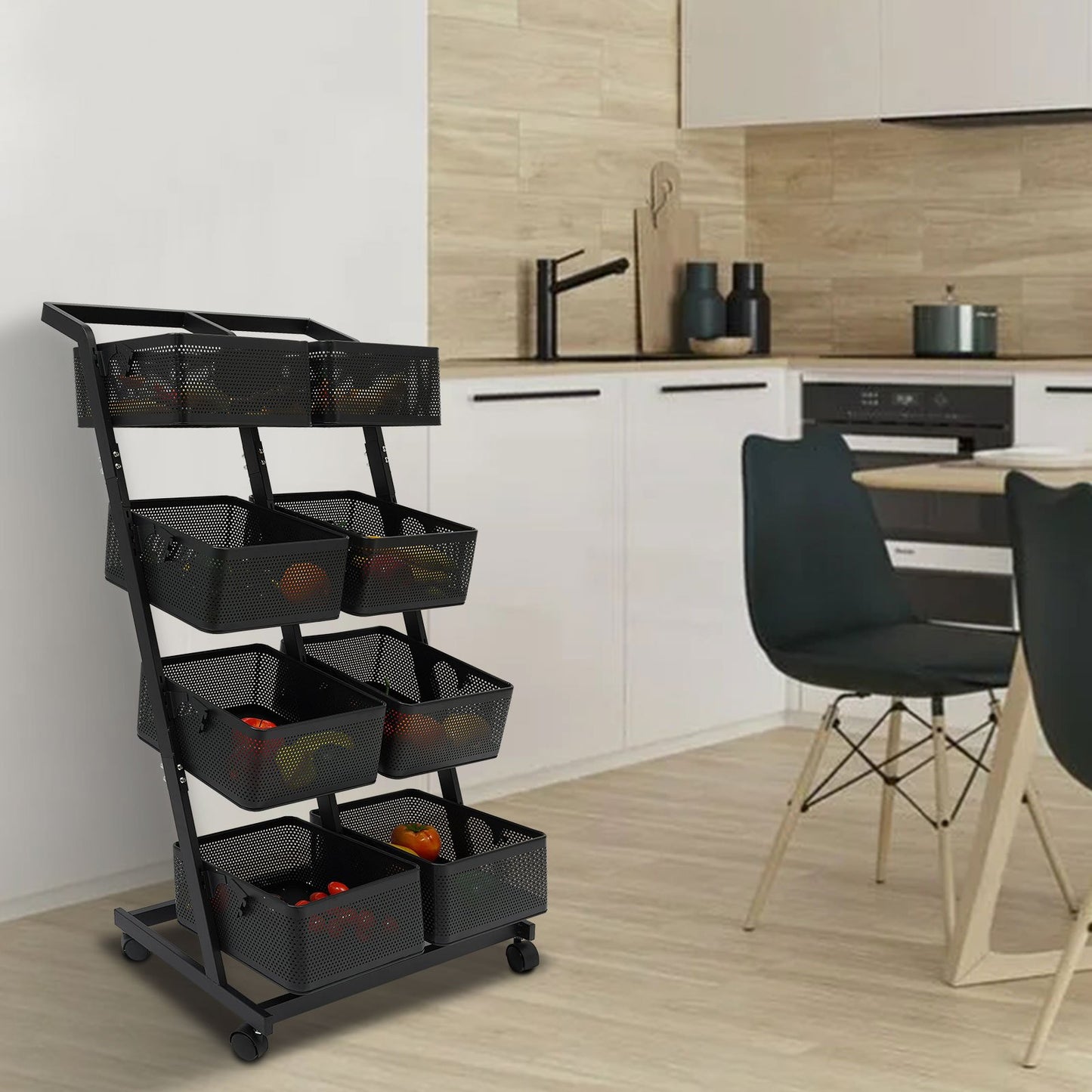 Opbergrekje – Opbergtrolley – Stellingkast – Opbergwagen – Opbergrek – Zwart Metalen Frame – 4 Laags Met 8 Grote Mandjes – Mobiel Met Remmen – Ruimtebesparend Verticaal Design (60x40,5x110 cm)