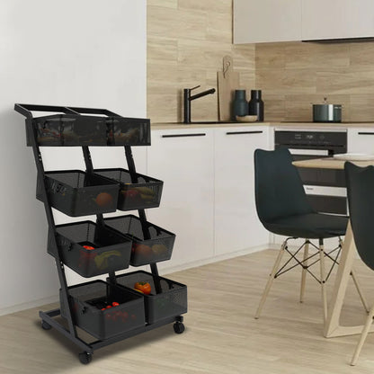 Opbergrekje – Opbergtrolley – Stellingkast – Opbergwagen – Opbergrek – Zwart Metalen Frame – 4 Laags Met 8 Grote Mandjes – Mobiel Met Remmen – Ruimtebesparend Verticaal Design (60x40,5x110 cm)