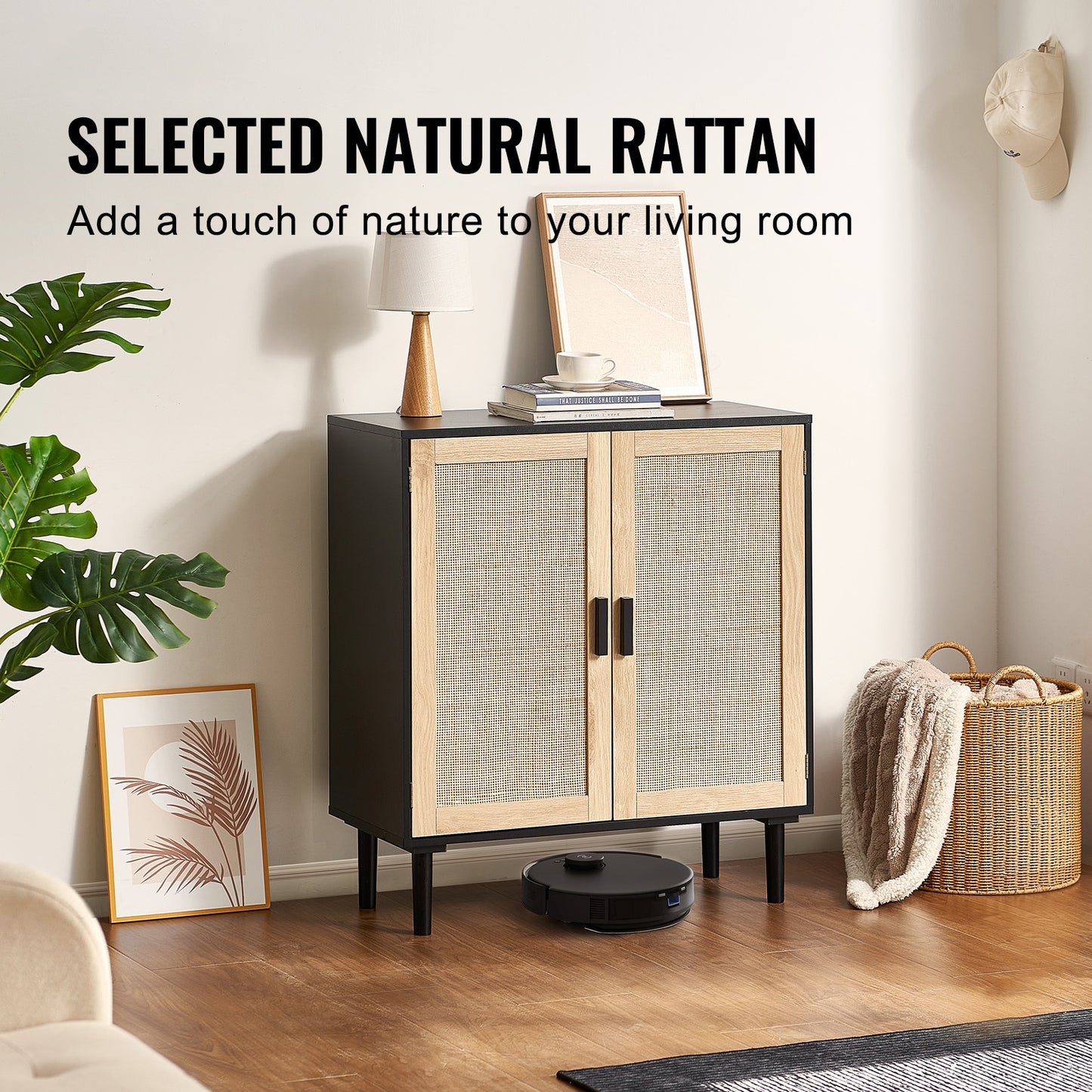 Kast – Opbergkast – Rattan Kast – Dressoir – Buffetkast – Handgeweven Rattan Deuren – Verstelbare Legplanken – Zwart – Magnetische Deuren