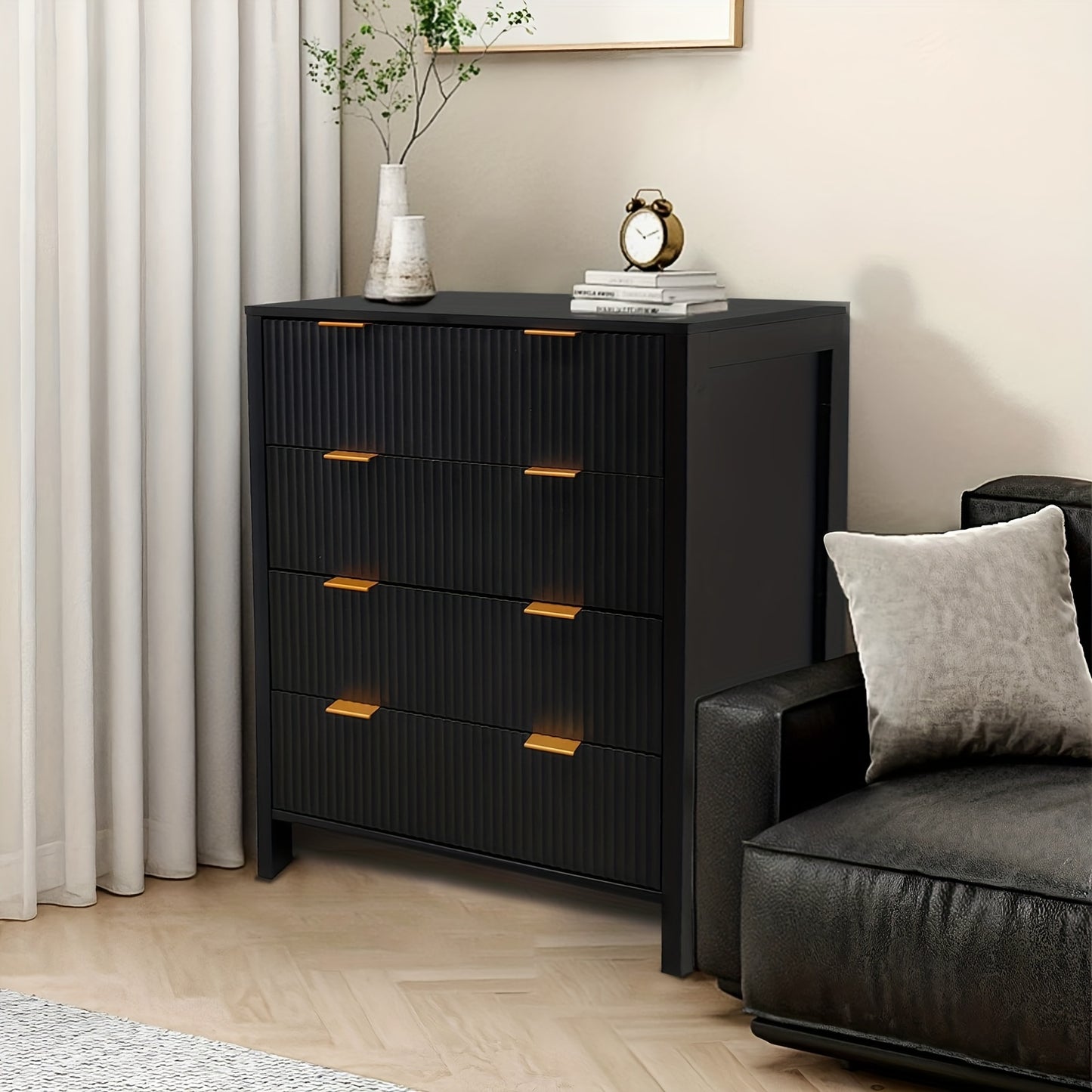 Ladekast – Commode – Kast – Dressoir – Ladeblok – Zwart – 4 Ruime Lades – Duurzaam MDF Met Metaal