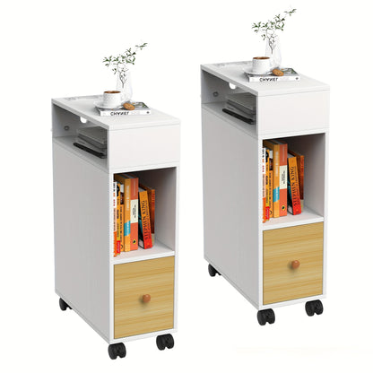 2pcs End Table Small Night Stand for Small Spaces, 50x25x70cm Narrow Side Tables Bedside Table with Drawer Rolling Open Storage Shelf with Wheels for Living Room Bedroom