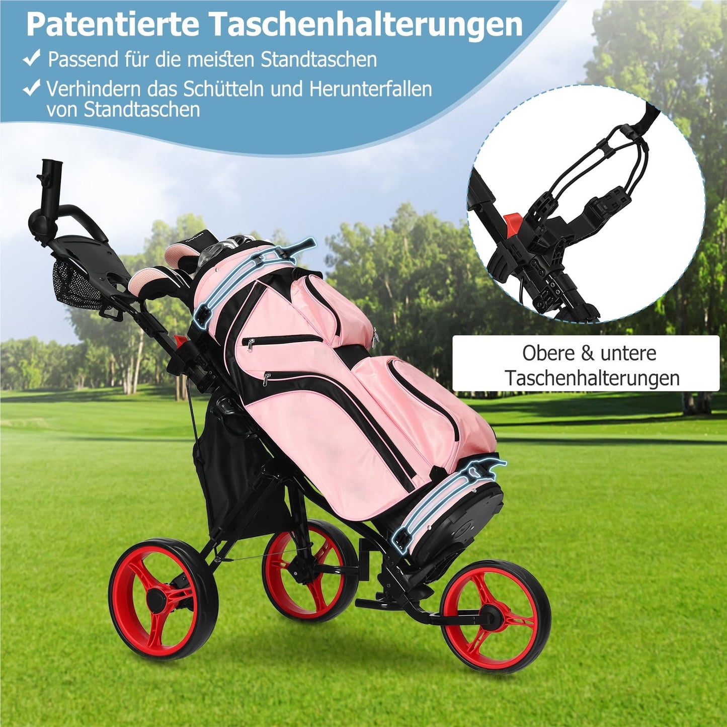 Golf Trolley – Golfkar – Golfkarretje – Golfwagen – Golf Caddy – Inklapbaar – Verstelbare Handgreep & Zitje – Stalen Frame – EVA Wielen – Rood