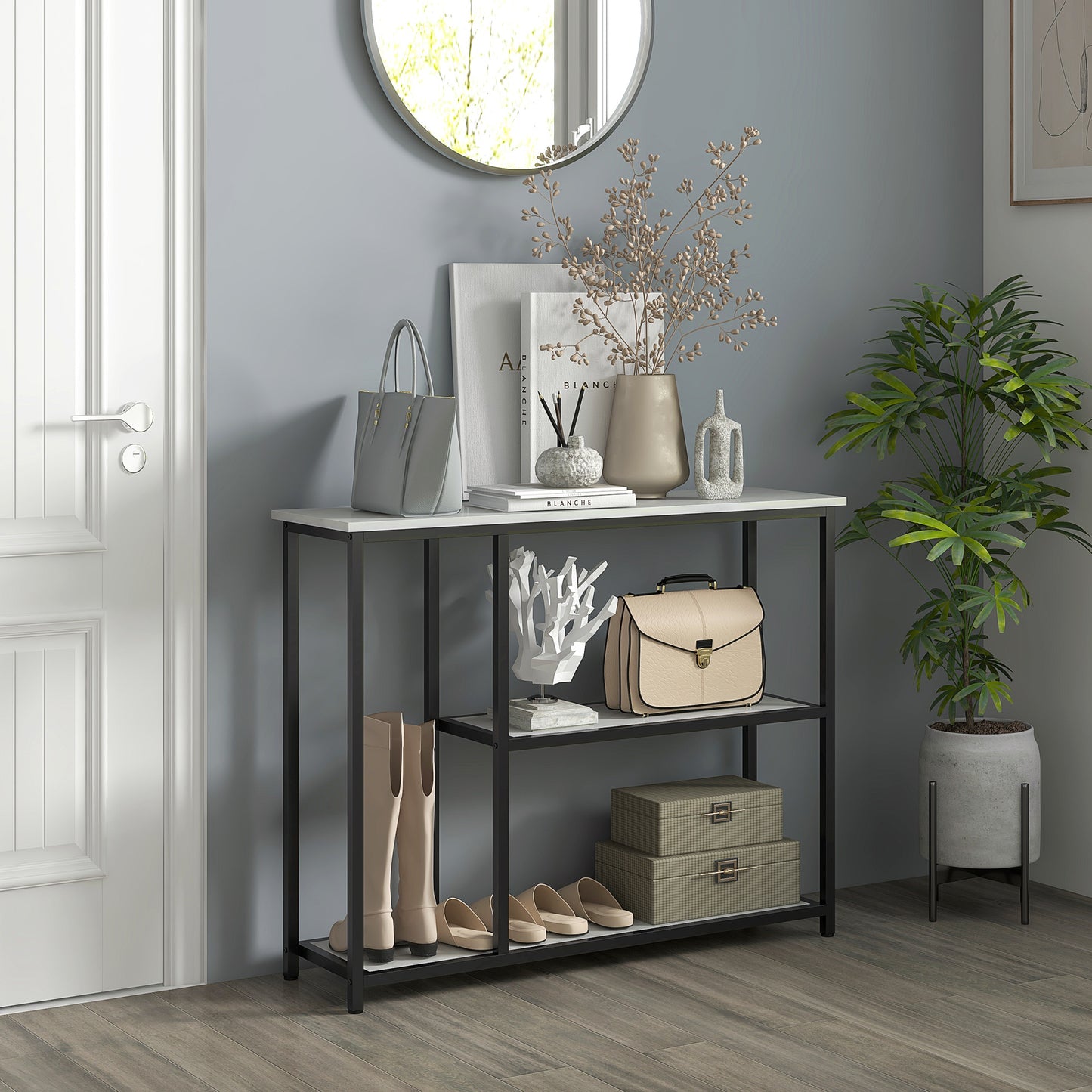 Sidetable – Sidetable Industrieel – Haltafel – ConsolTafel – Wandtafel – Zwart Wit Marmerlook – 2 Ruime Opbergniveaus – Stevig Zwart IJzeren Frame