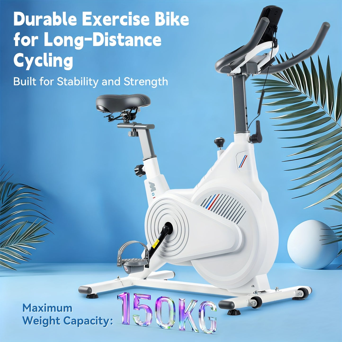 White Stationary Exercise Bike Shock-Absorbing Design PP Pedals + Phone Holder + Standard Seat Heart Rate Monitoring Multi-Function Display Max Load 150kg