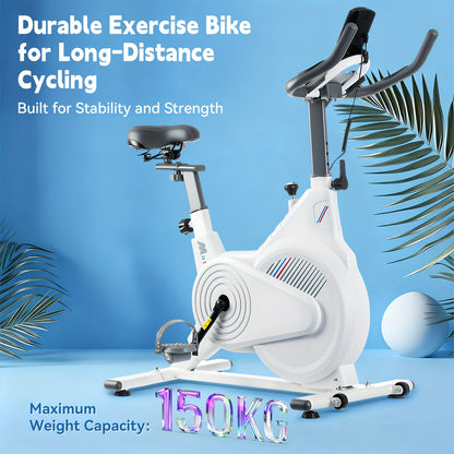 White Stationary Exercise Bike Shock-Absorbing Design PP Pedals + Phone Holder + Standard Seat Heart Rate Monitoring Multi-Function Display Max Load 150kg