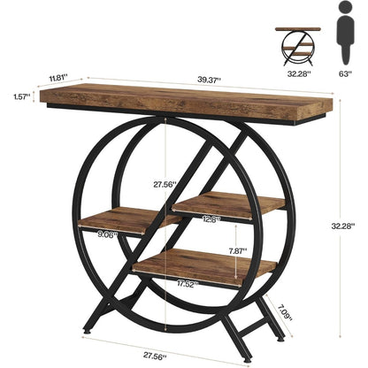 Industriële Sidetable – Haltafel – Wandtafel – Opbergtafel – Bijzettafel – Rustiek Bruin – Geometrisch Metalen Frame – 4 Niveaus Met Stevig 4cm Tafelblad