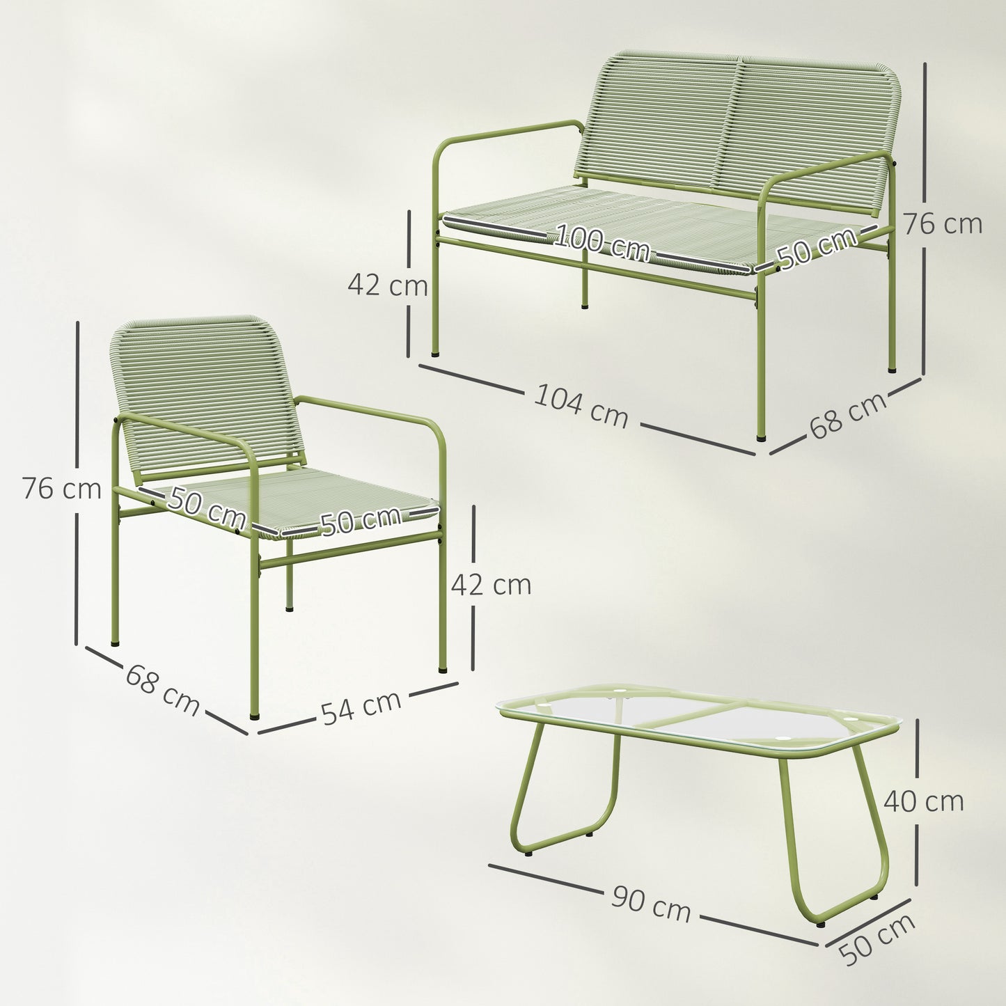 4-Persoons Loungeset Buiten – Tuinmeubels – Loungesofa – Balkonset – Terras Meubilair – Groen – Weerbestendig Gevlochten Kunststof – Temperglas Salontafel