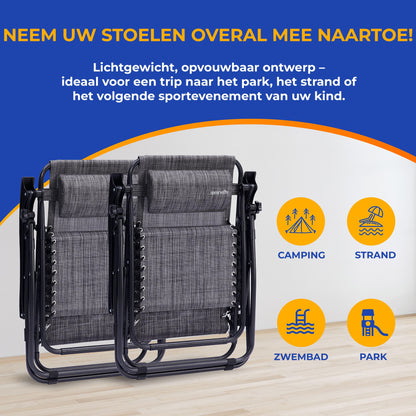 Loungestoel – Tuinstoel – Relaxstoel – Ligstoel – Fauteuil – Verstelbaar Zero Gravity – Weerbestendig Stalen Frame – Inclusief Afneembaar Tafeltje en Bekerhouders – Grijs