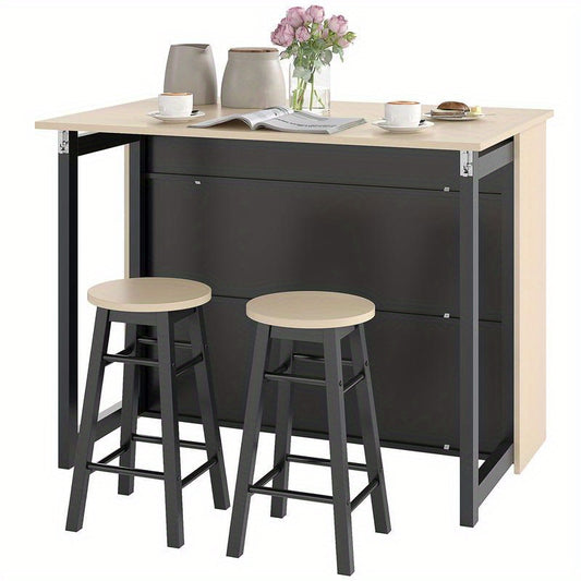 Bar Furniture Set with Flip-Top Tabletop, 2 Bar Stools, 6 Storage Compartments - Black & Oak Finish, Space-Saving Modern Classic Design, Durable Plastic/Wood/Metal Construction, Ideal for Restaurants, Bars, Living Rooms, Balconies, Pubs, Cafes - Compact C