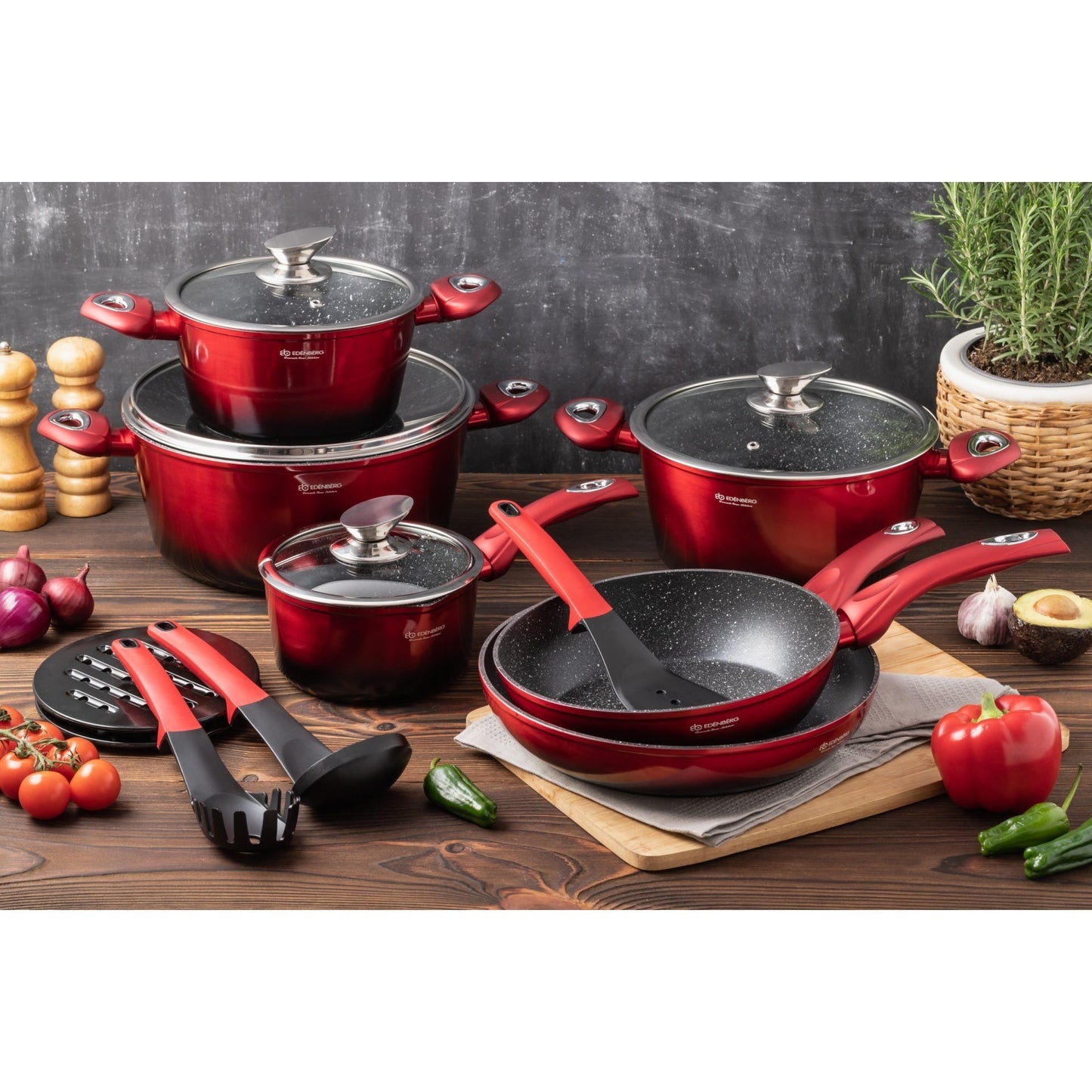 Edenberg 15pcs Ceramic And Marble Cookware Set with Kitchen Accessories | Induction Cookware Set | Coated Pots And Pans | Cookware Set | Cookware And Pan Set | Induction | Pot | Pan | Suitable for All Stove Types | EB-5619