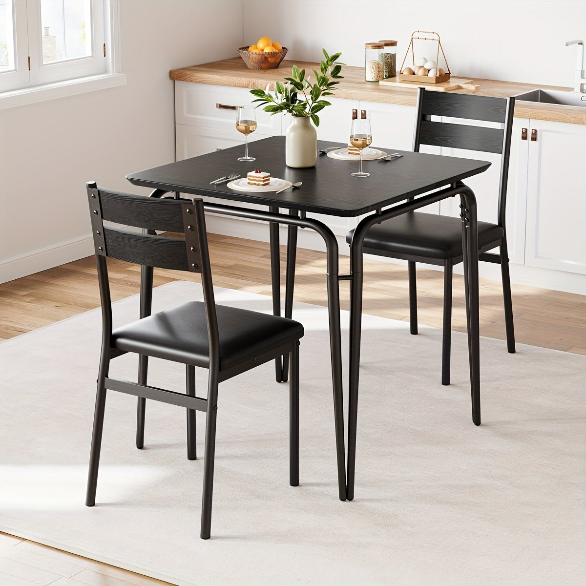 3pcs Compact Space-Saving Small Dining Set with Black Table & Chairs - Modern Classic Style Square Dinette Table with White Legs & Black Frame, MDF Wood Tabletop & Padded Chairs for Apartments, Kitchens, Studios - Easy-Clean