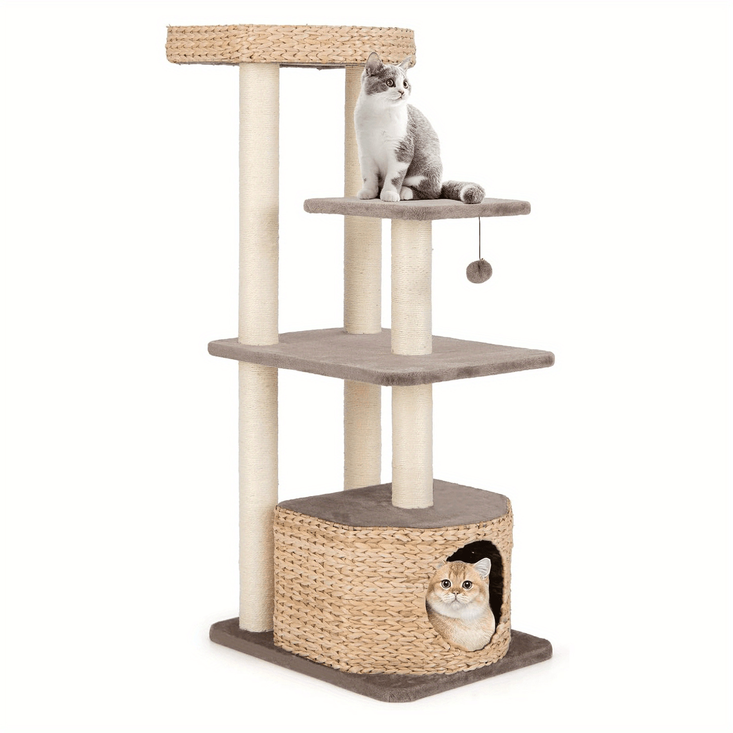 Kattenboom – Krabpaal – Klimpaal – Kattenhuis – Kattenmeubel – Inclusief Zacht Kussen & Speelballetje – 131 cm Hoog – Natuurlijk Sisal & Riet – Koffiekleur
