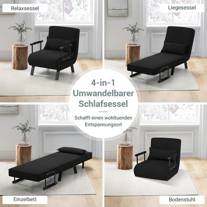4-in-1 recliner chair, sofa bed with bed function, folding chair with 6-position adjustable backrest, removable cushion, and armrests, weight capacity up to 150kg, guest bed for living room (,  Spacesaving Furniture, Contempo