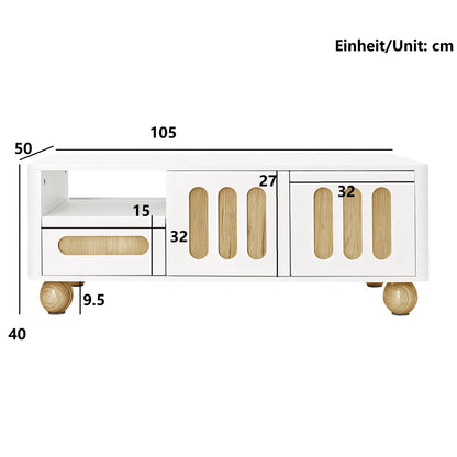 Salontafel – Koffietafel – Woonkamertafel – Bijzettafel – Tafel – Wit Houtlook – 105x50x40 cm – Met 4 Deuren en 2 Lades – Afgeronde Hoeken en Bolvormige Poten