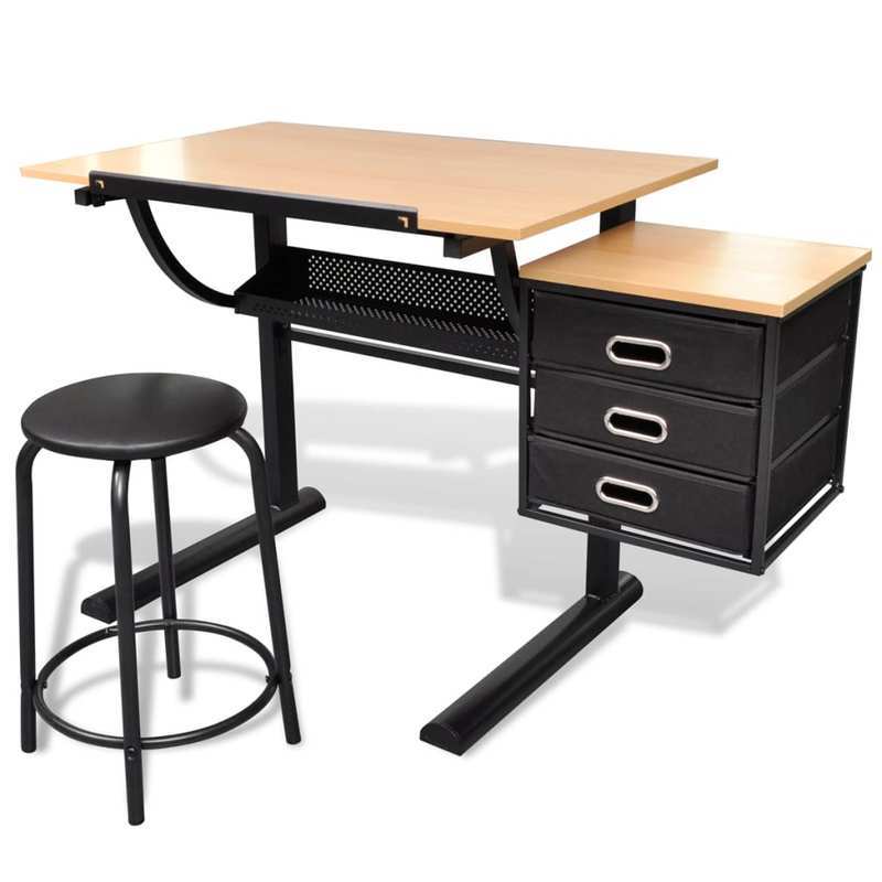 Tekentafel – Tekentafel Met Kruk – Ontwerp Tafel – Schets Tafel – Knutsel Tafel – Verstelbaar Tafelblad – 3 Lades – Hoogwaardige Materiaal – Marrone