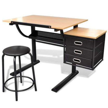 Tekentafel – Tekentafel Met Kruk – Ontwerp Tafel – Schets Tafel – Knutsel Tafel – Verstelbaar Tafelblad – 3 Lades – Hoogwaardige Materiaal – Marrone