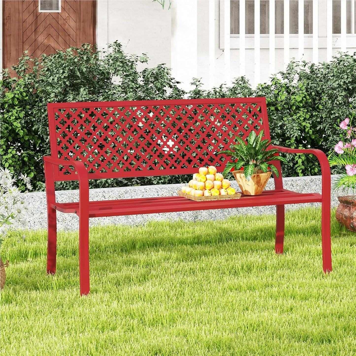 Tuinbank – Buitenbank – Parkbank – Loungebank – Metalen Bank – Rood Metalen Design – Weerbestendig Metalen Frame – Geschikt Voor 2-3 Personen – Draagkracht Tot 300 Kg
