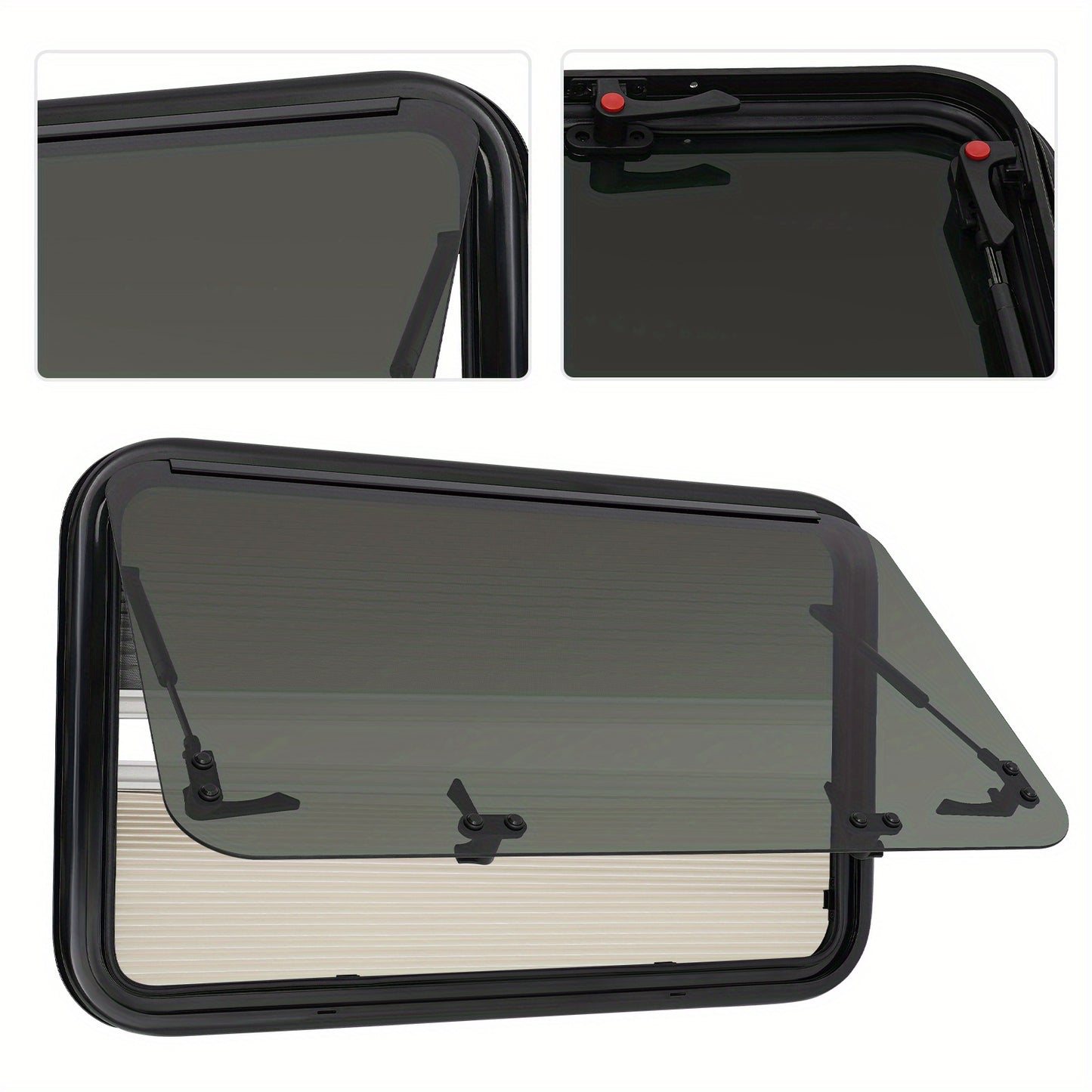 Uitzetraam Camper – Caravanraam – Mobiel Raam – Rolvenster – Ventilatieraam – Gebogen Gehards Glas – Aluminium Frame – Inclusief Horrenraam – 800x500 mm – Duurzaam Lichtgewicht