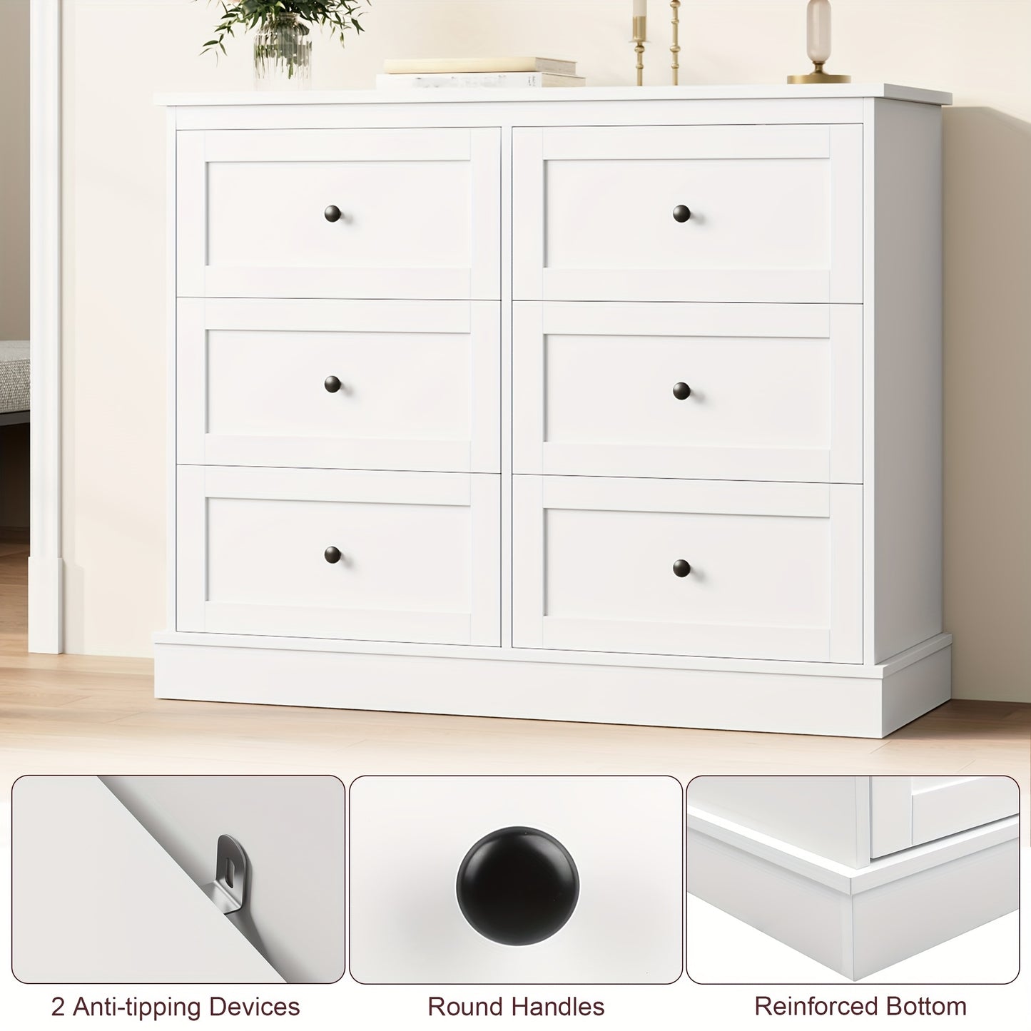 Ladekast – Ladenkast – Dresser – Opbergkast – Kledingkast – Wit – 6 Lades – Duurzaam Hardhout – Ruime Opbergruimte 3,2+ m³