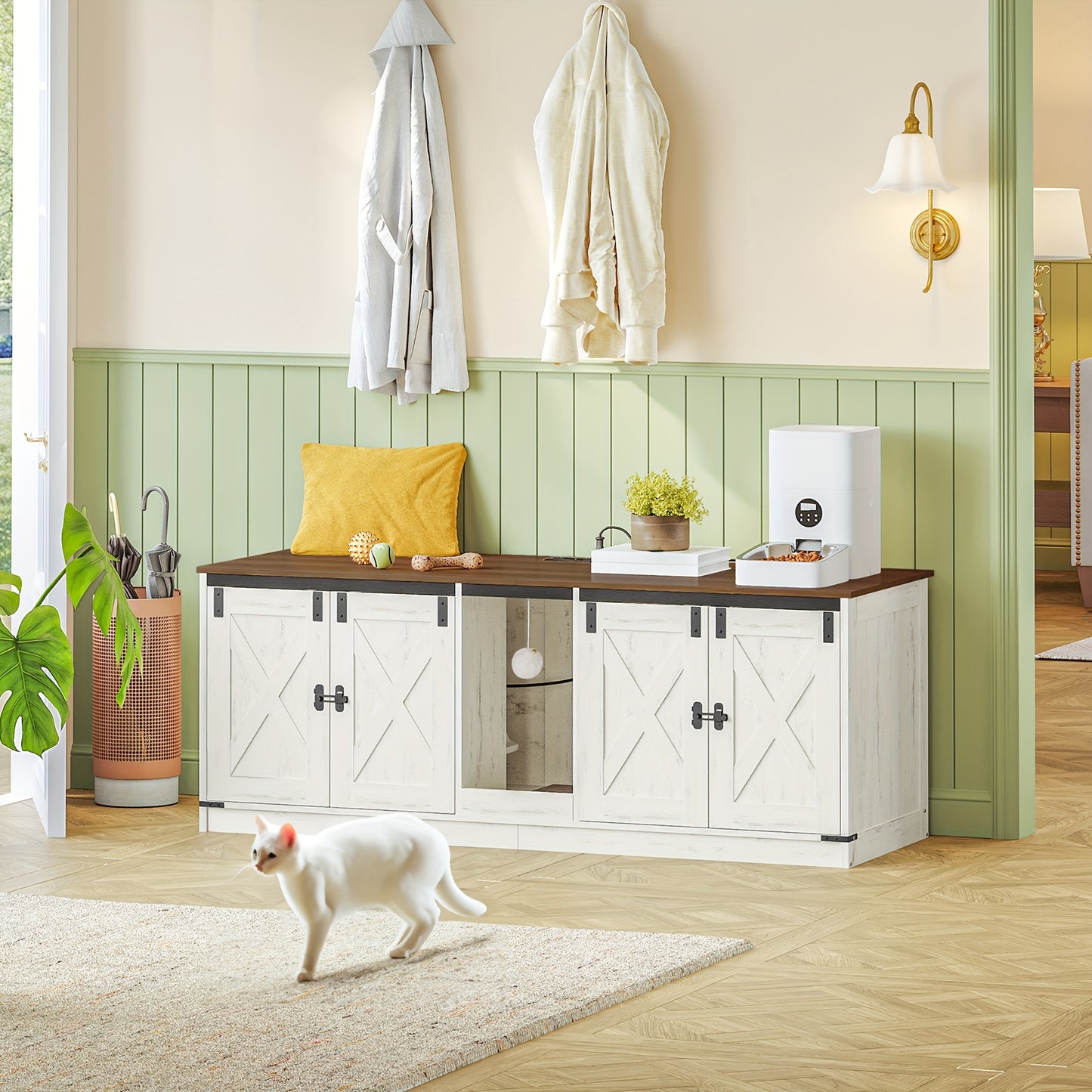Cat Cabinet With USB Ports And Sockets, Cat Litter Box Cabinet, 140 Cm Hidden Cat Litter Box For 2 Cats, Indoor Cat House With Cat Bell, Brown-White
