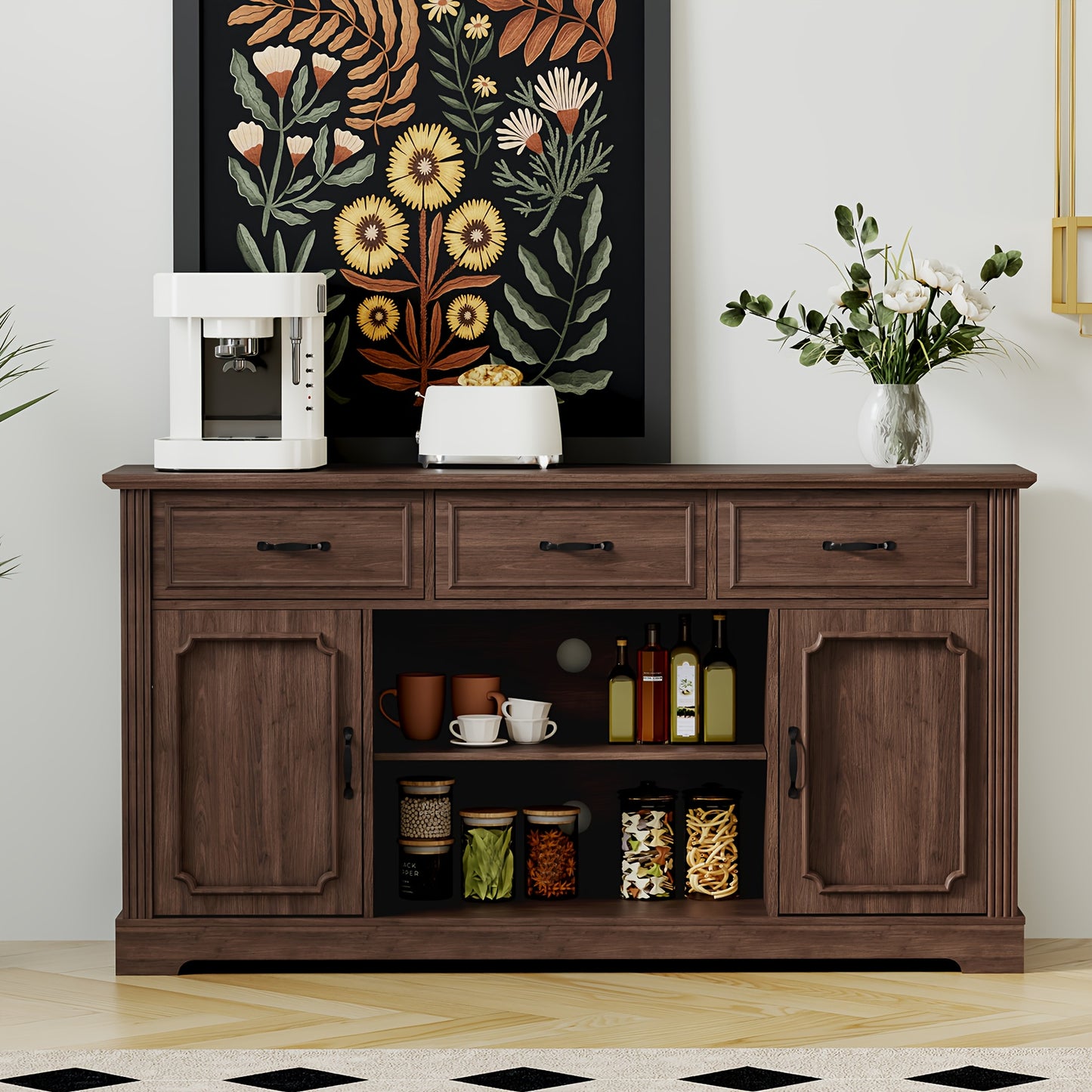 tv meubel – tv kast – tv dressoir – entertainment meubel – televisie meubel – mid-century design – 3 laden – verstelbare planken – geschikt voor tv tot 165 cm – duurzaam houtfiberboard