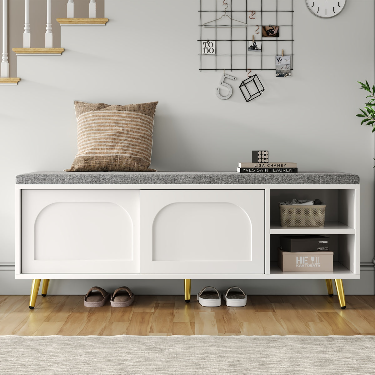 Schoenenbank – Schoenopbergbank – Schoenenkast – Zitbank – Opbergbank – Wit Rattan – Comfortabel Katoenen Kussen – Ruimtebesparend Design