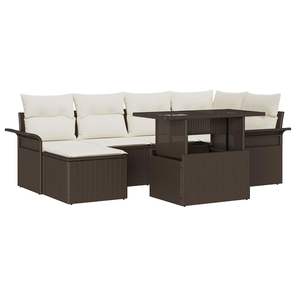 Tuinbank – Buitenbank – Loungeset – Modulair – Tuinmeubel – Poly rattan – Weerbestendig – Met Glazen Tafel – Wit/Bruin