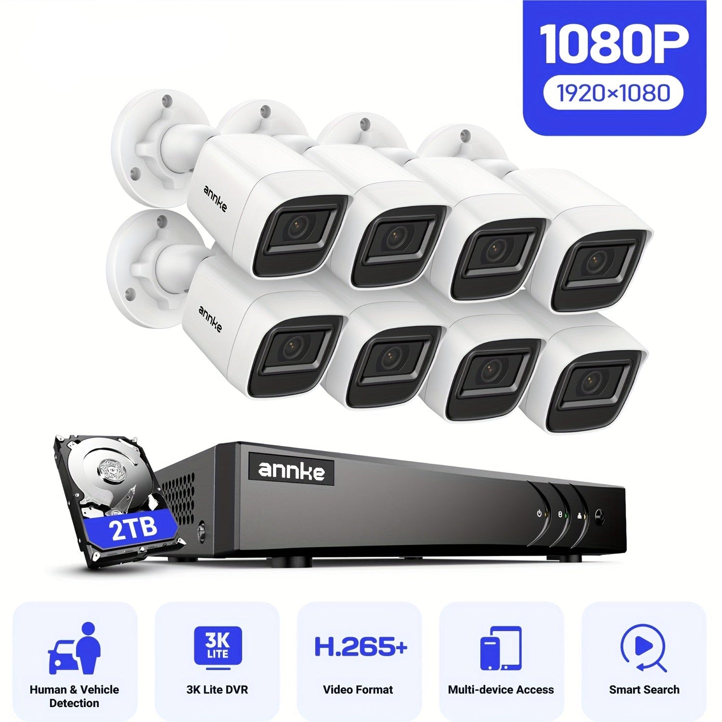 Beveiligingssysteem – Camerasysteem – Bewakingssysteem – CCTV Set – Video Surveillance – 16-Kanaals Met 8x 1080P Camera’s – AI Mens- en Voertuigdetectie – 2TB HDD Met Nachtzicht Tot 20 Meter