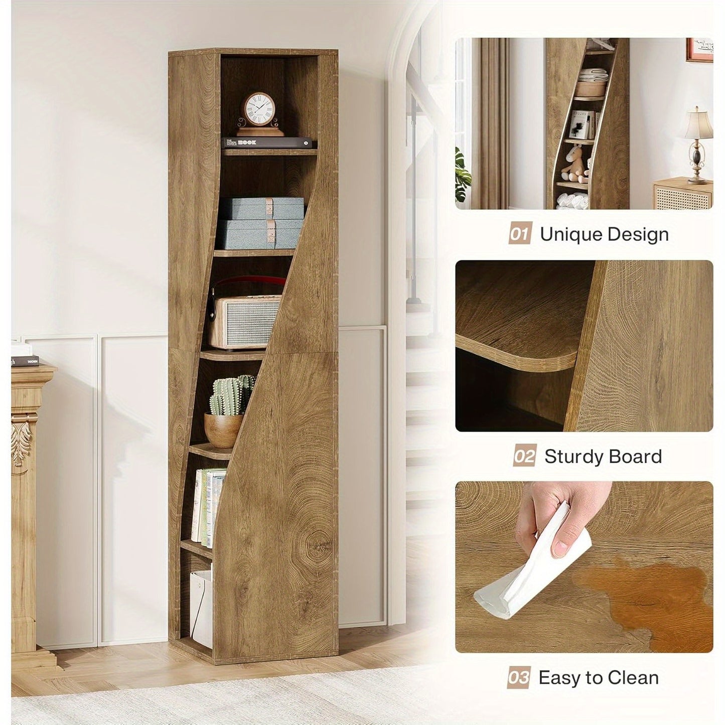 Boekenkast – Boekenrek – Vakkenkast – Opbergkast – Stellingkast – 6-laags Hoekboekenkast – Ruimtebesparend Smal Design – Duurzaam Hardhout en Multiplex