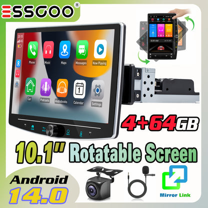 ESSGOO Upgraded Rotatable 25.65cm Android 14.0 Car Stereo Radio, 4GB+64GB Auto Radio Single 1 DIN Universal 25.65 cm Car Radio, Wireless CarPlayer & Android Auto, GPS/WiFi/FM RDS/USB/SWC, HD IPS Touchscreen, Mirror Link, Spli
