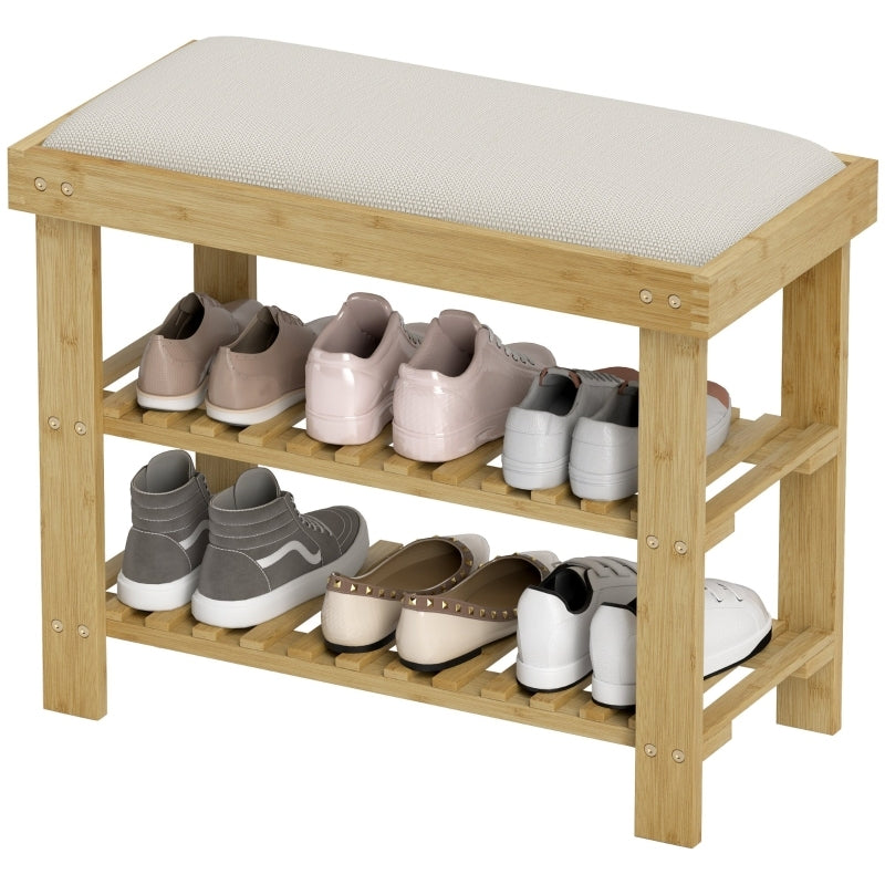 Schoenenbank – Schoenrek – Zitbank – Opbergbank – Halbank – Crème Wit – Bamboe Zitting – 2 Open Vakken – Compact 60x29x49 cm
