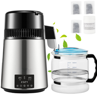 Water Destilleerapparaat - 4 Liter - 1,5L/H distillatiesnelheid - Waterontharder - 304 Roestvrij staal - Overheat Protection - tot 100 Graden - Zilver - QUORE
