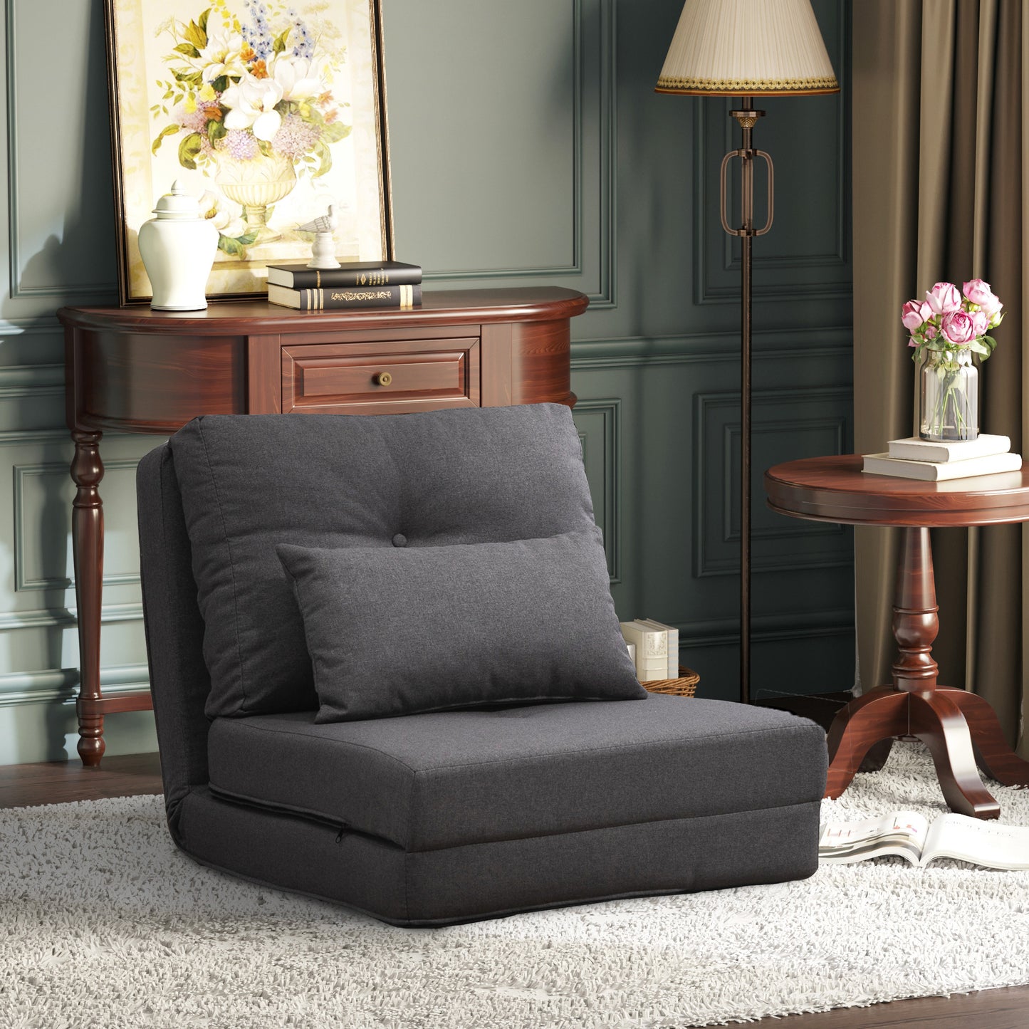 Vloersofa – Vloerstoel – Slaapbank – Relaxstoel – Loungefauteuil – 2-in-1 Opvouwbaar Bed – Verstelbare Rugleuning – Linnen Bekleding – Donkergrijs