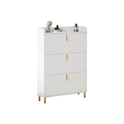Narrow Space-Saving White Shoe Cabinet with 3-Tier Stops & 6-Compartment Shoe Rack - Adjustable -Standing Entryway Storage Unit with Anti-Tilt Device, Compact Modern Shoe Suitable for Hallway, Apartment, Small