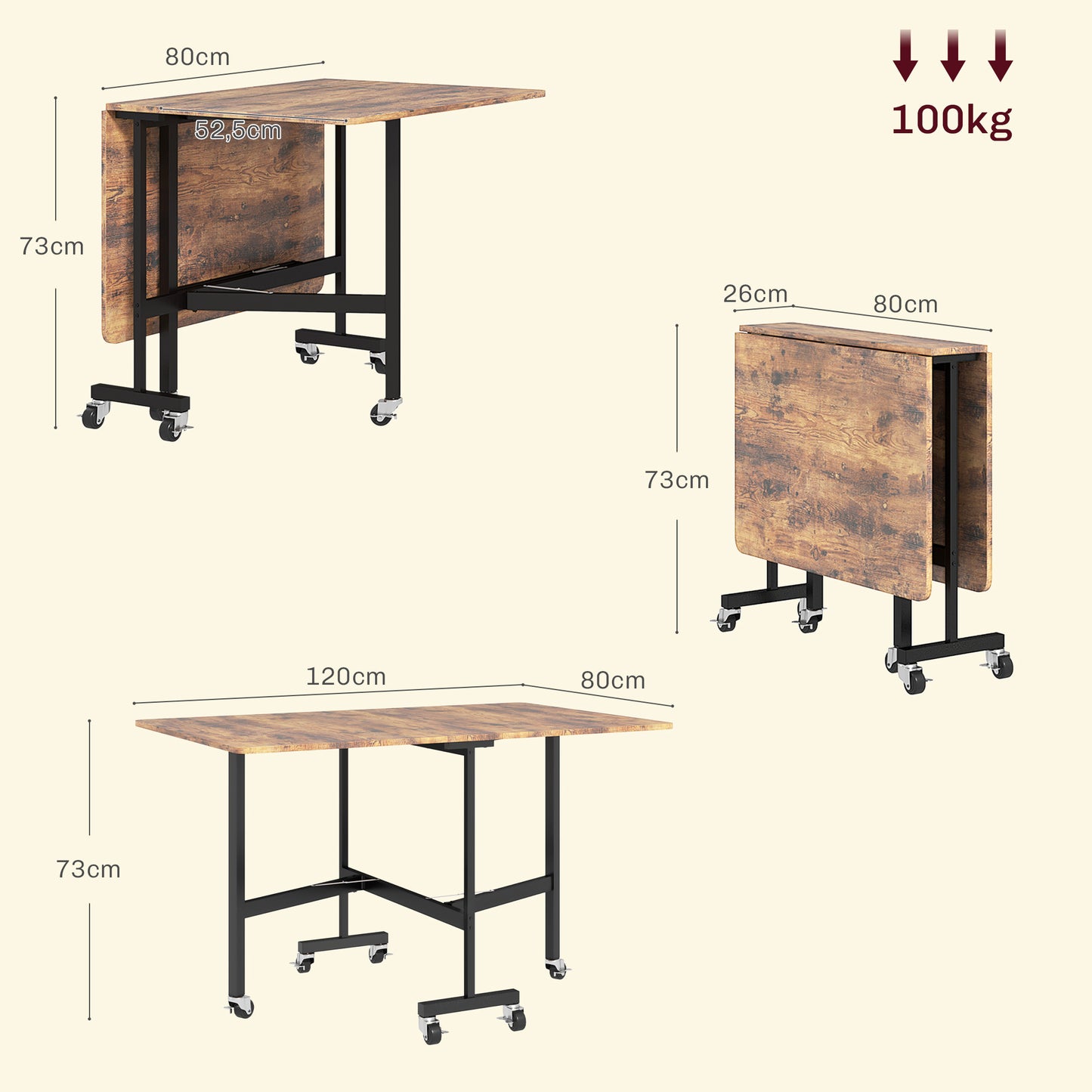 Uitschuifbare Eettafel – Inklapbare Tafel – Vouwtafel – Keukentafel – Rustiek Bruin – Ruimtebesparend Design – Met Wieltjes En Remmen