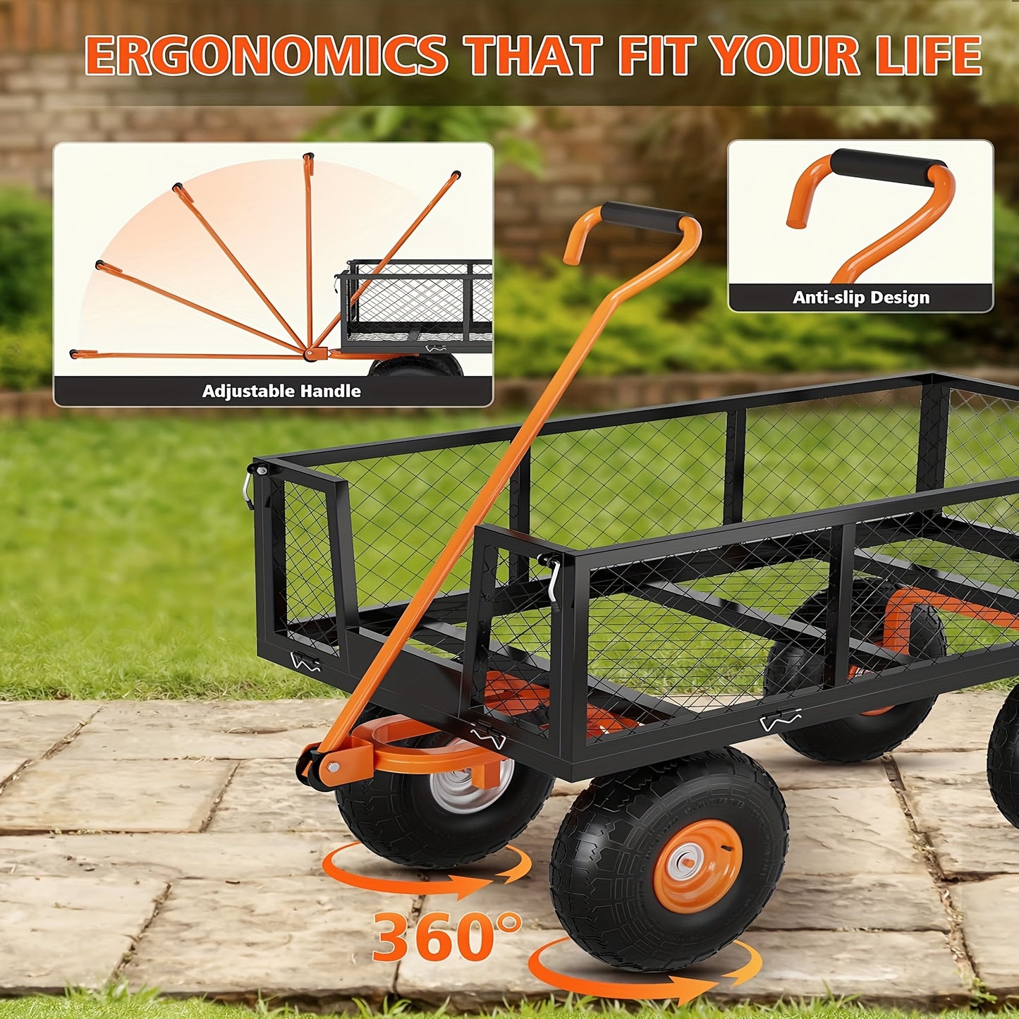 Tuinkar – Kruiwagen – Transportkar – Tuinwagen – Karretje – 408,23 kg Draagvermogen – Verwisselbare Mesh Zijkanten – 180° Draaibare Handgreep – 25,4 cm All-Terrain Banden – Lichtgewicht Stalen Frame
