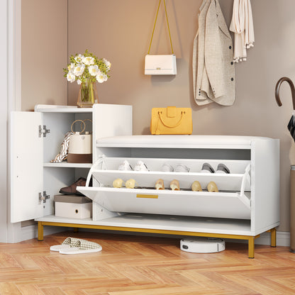 Schoenenkast – Schoenenopberger – Schoenentoren – Schoenmeubel – Schoenenrek – Modern Wit Met Gouden Accenten – Ruimtebesparend 100x38x68 cm – Met Zitting En Verborgen Uittrekbare Schoenlade