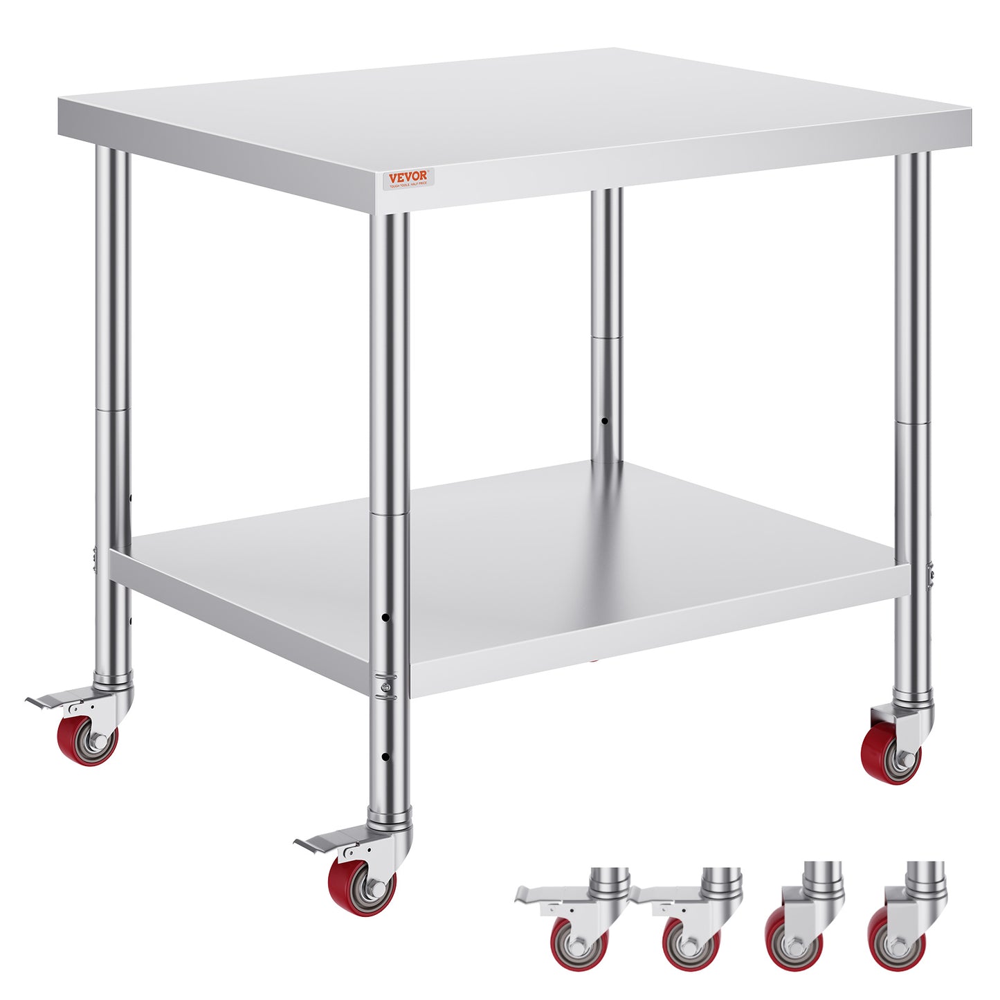 RVS Werktafel – Roestvrijstalen Werkbank – Catering Werkbank – Keukentafel – Foodprep Tafel – 91 x 76 x 86 cm – Verstelbaar Onderrek en 4 Zwenkwielen met Remmen