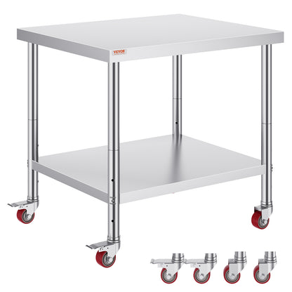 RVS Werktafel – Roestvrijstalen Werkbank – Catering Werkbank – Keukentafel – Foodprep Tafel – 91 x 76 x 86 cm – Verstelbaar Onderrek en 4 Zwenkwielen met Remmen