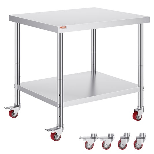 RVS Werktafel – Roestvrijstalen Werkbank – Catering Werkbank – Keukentafel – Foodprep Tafel – 91 x 76 x 86 cm – Verstelbaar Onderrek en 4 Zwenkwielen met Remmen