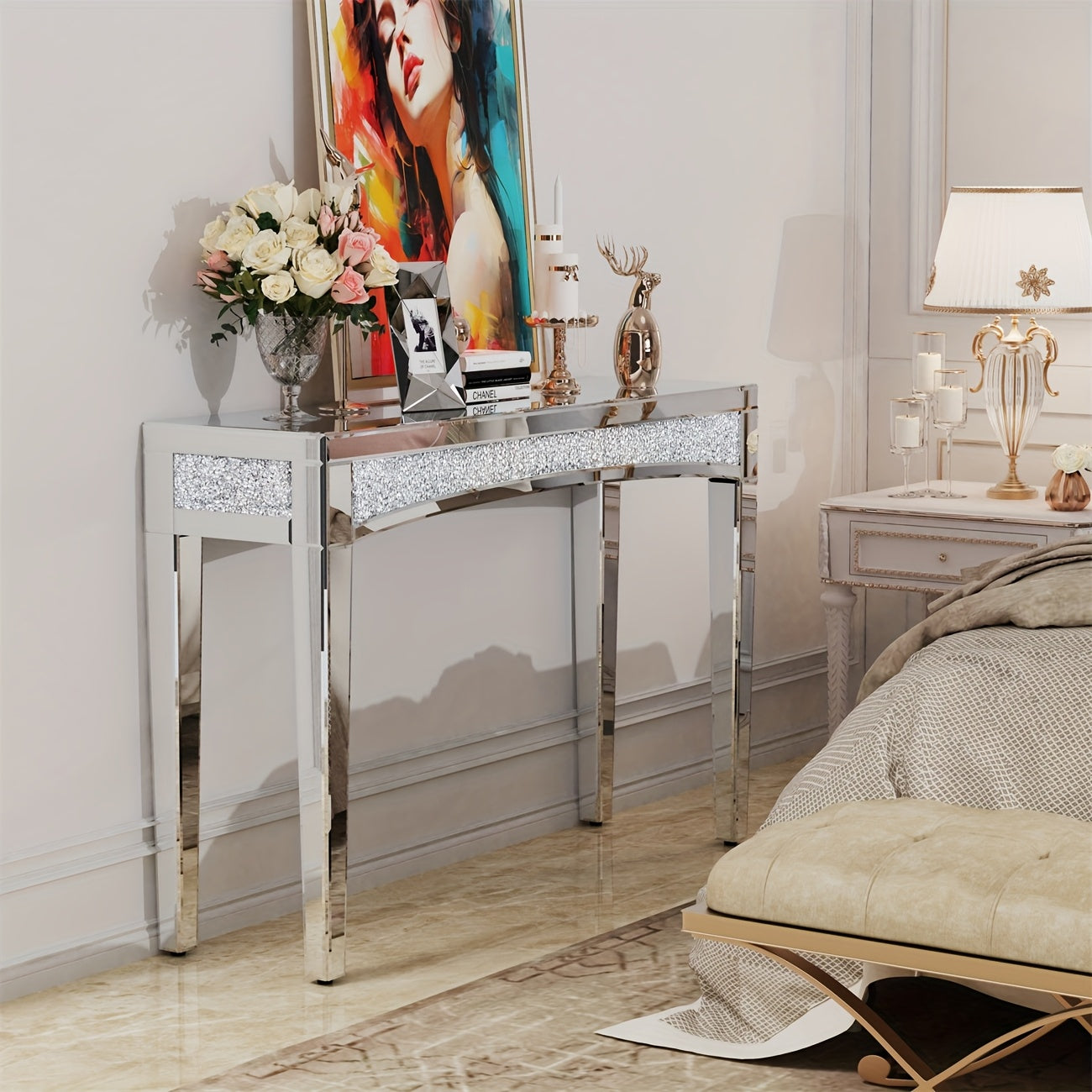 Spiegelconsole – Sidetable – Haltafel – Dressoir – Bijzettafel – 120x80 cm – Zilverplated Glas – Crushed Diamant Accent