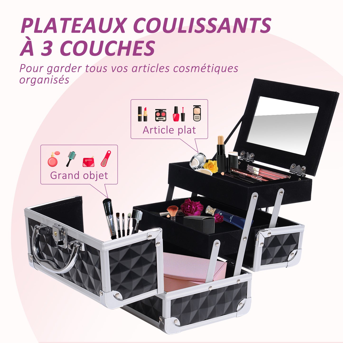 Make-upkoffer – Make-up trolley – Cosmetica koffer – Beautycase – Visagiekoffer – Aluminium frame – Uitklapbare 3-laags met slot en spiegel – Zwart – 20x15x15 cm