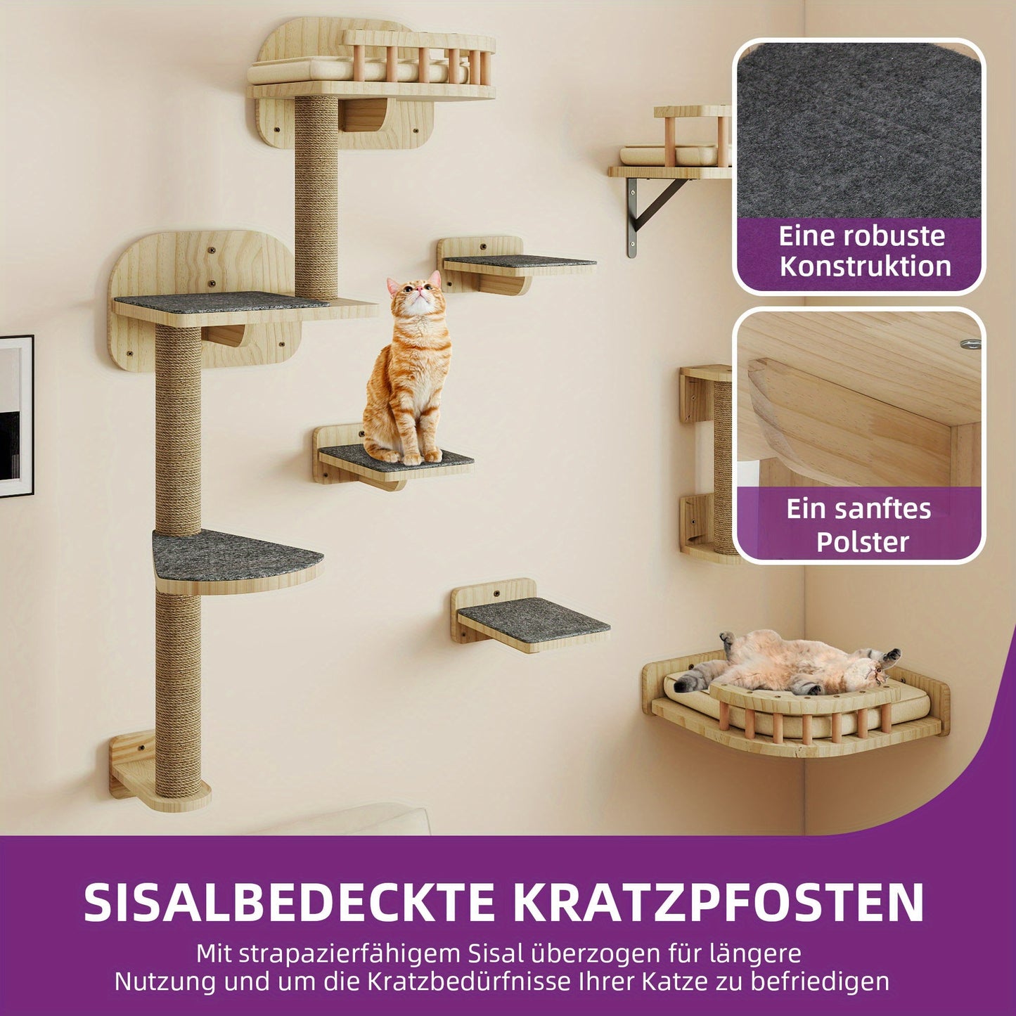 Krabpaal – Kattenboom – Kattenhuis – Klimframe – Kattenmeubel – Houten 6-delige Klimset – Anti-Kantel Ontwerp – Inclusief Hangmat en Kattenbedden