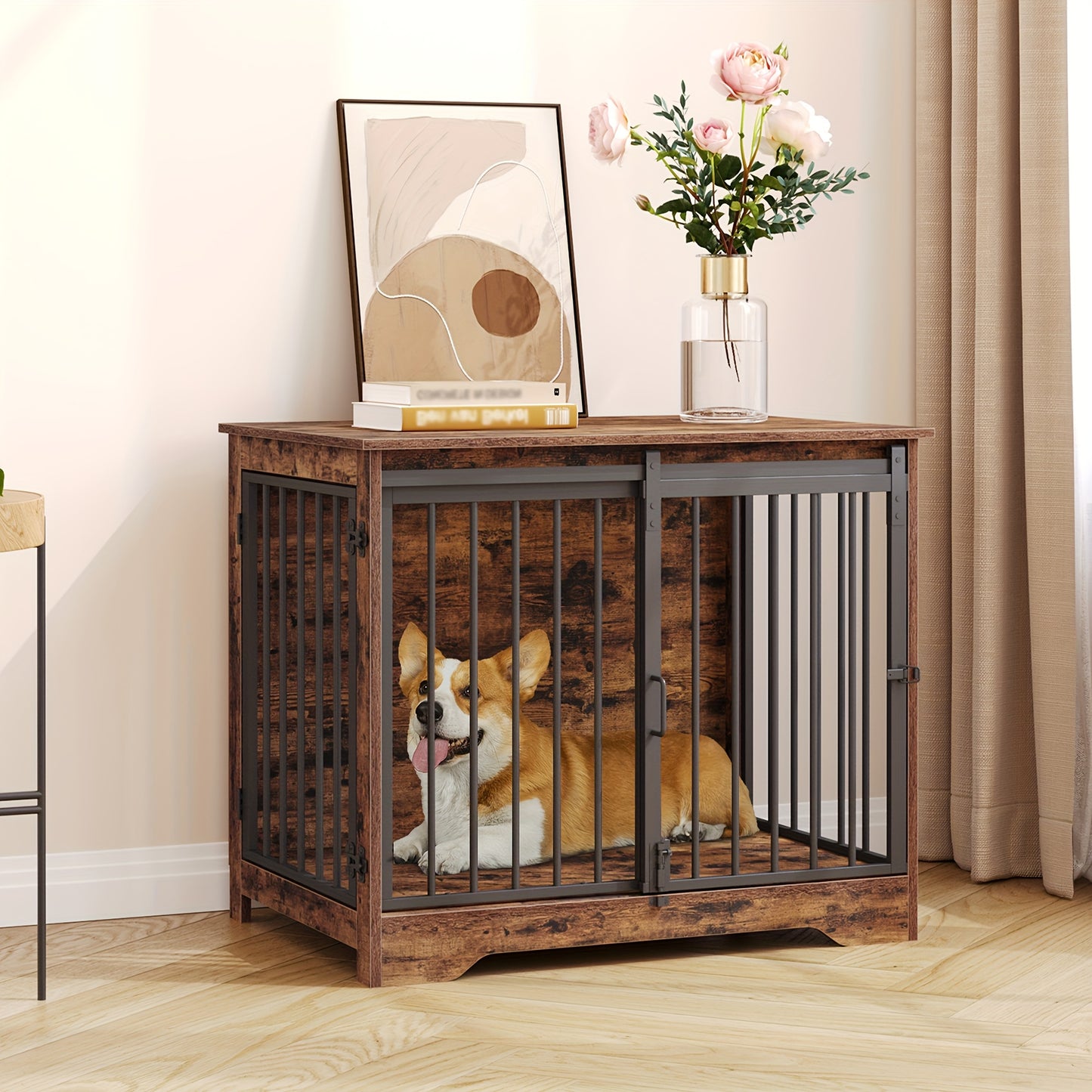 Wooden Dog Crate Furniture with Barn Door & Dual Lock - Escape-Proof Chewproof Kennel Suitable for Small/Medium Dogs, Rustic Brown Multi-Functional End Table/ Table/Bedside Cabinet - Space-Saving Indoor Dog House - QUORE