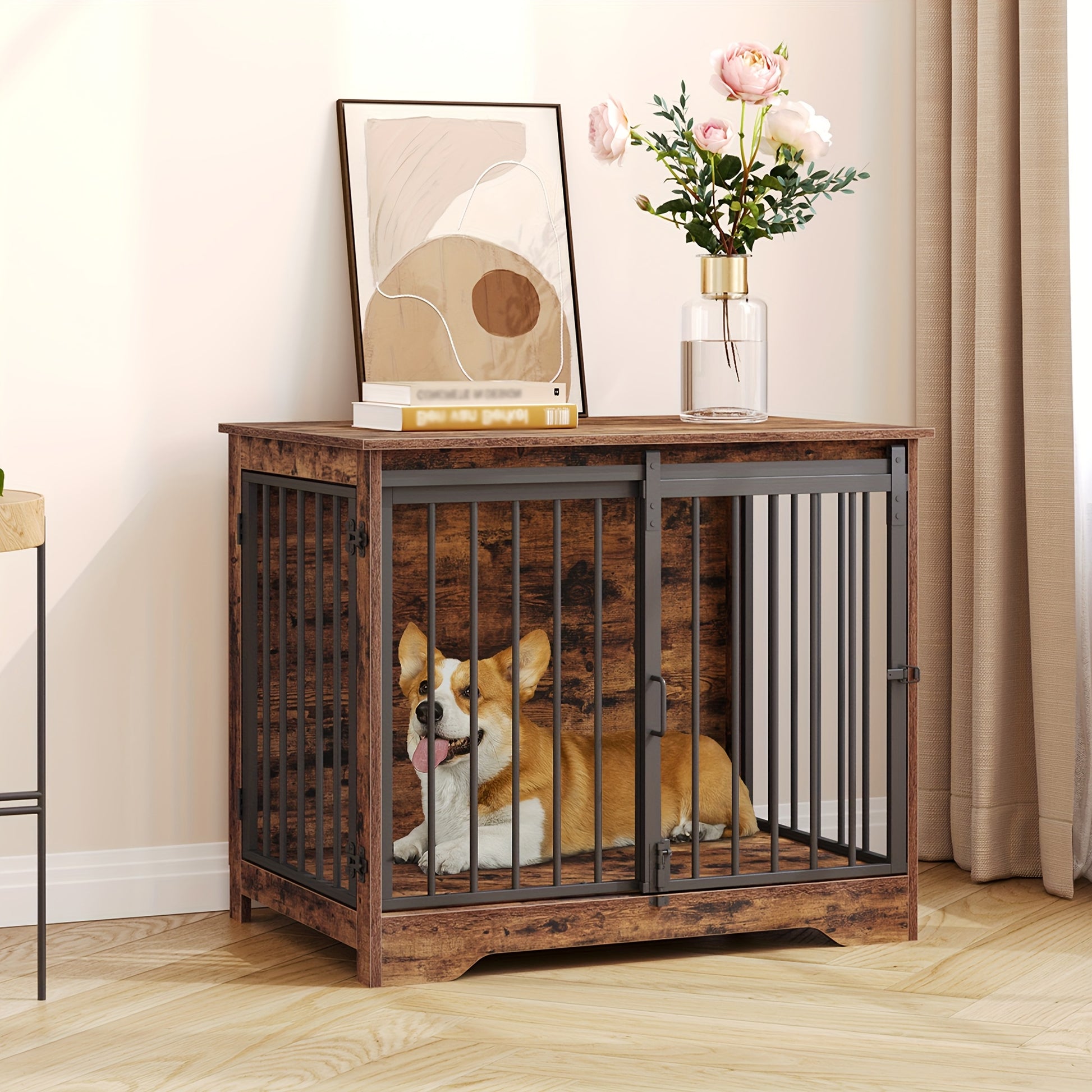 Wooden Dog Crate Furniture with Barn Door & Dual Lock - Escape-Proof Chewproof Kennel Suitable for Small/Medium Dogs, Rustic Brown Multi-Functional End Table/ Table/Bedside Cabinet - Space-Saving Indoor Dog House - QUORE