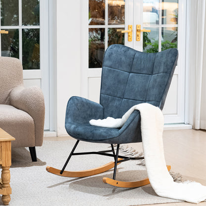 Schommelstoel – Relaxstoel – Fauteuil – Loungestoel – Stoel – Scandinavisch Design – Met Metalen Frame en Beukenhouten Poten – Hoog Rugleuning – Comfortabele Stoffen Bekleding – Blauw – 67x84x97 cm