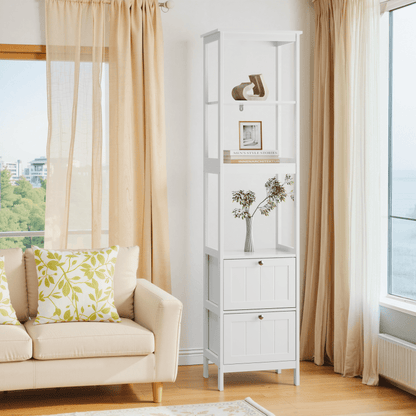 Slank Hoog Kastje – Smalle Opbergkast – Verticale Badkamerkast – Smal Meubel – Waskamer Rek – Wit MDF – 2 Lades & 3 Planken – Ruimtebesparend Ontwerp – Eenvoudige Montage